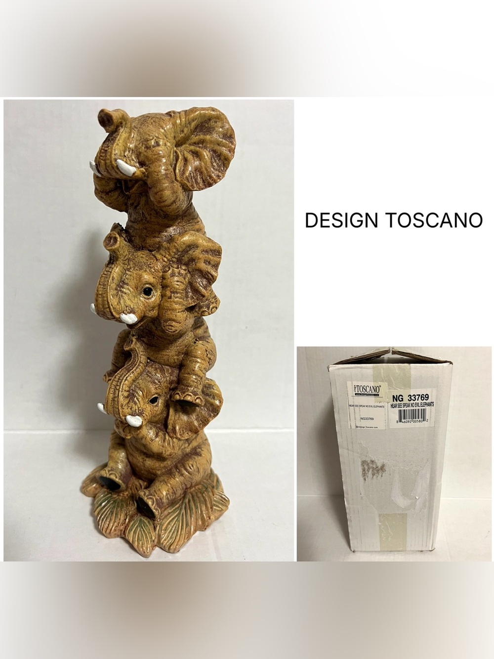 DESIGN TOSCANO - NEW OPEN BOX - SEE NO HEAR NO SPEAK NO EVIL ELEPHANT STATUE